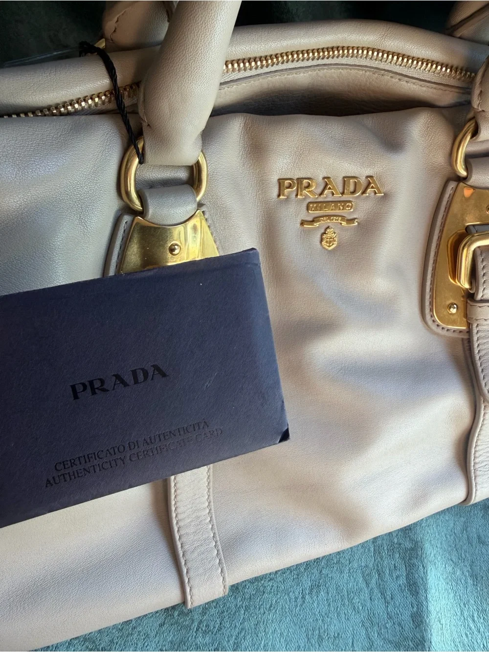 Prada Soft Calfskin Shopping Satchel in Sabbia with gold-tone hardware